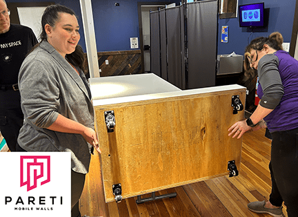 mobile gallery walls on casters to help preserve historical building